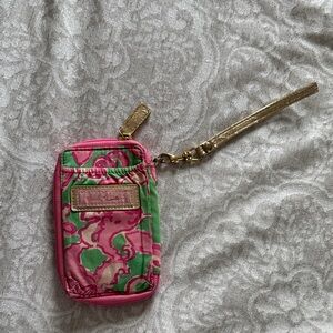 Lilly Pulitzer Pink and Green Floral Wristlet with Gold Trim